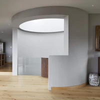 Moderner Wohnraum mit offener Raumgestaltung. Holzboden und große Fenster schaffen eine helle Atmosphäre. Zu sehen sind runde Wände, Säulen und eine Kombination aus modernen und klassischen Möbeln. Ein Essbereich ist im Hintergrund sichtbar.