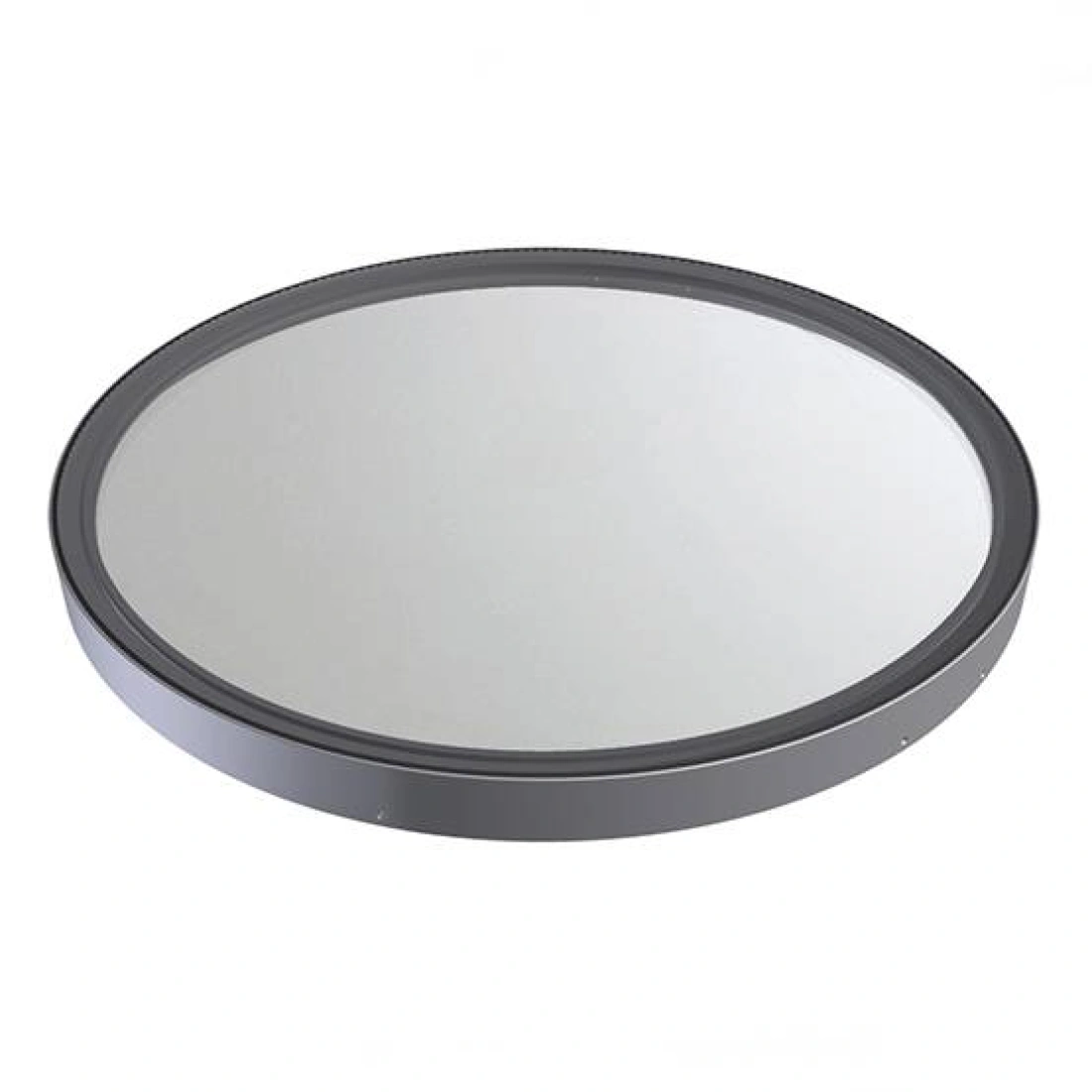 Runder, flacher Spiegel mit einem schmalen Rahmen aus Metall. Die Oberfläche ist reflektierend und hat einen klaren, sauberen Look.