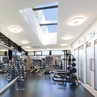 Gimnasio moderno con equipo de entrenamiento, espejos amplios y ventanas grandes que permiten la entrada de luz natural.