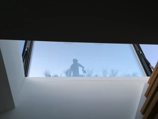 A person's silhouette is visible against a skylight, with plants in the background and a clear blue sky. The view is from inside a room, looking upward.