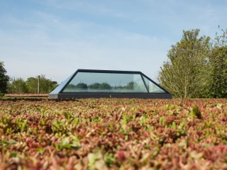 Une structure moderne en verre et métal se dresse au milieu d'un paysage verdoyant, entourée de plantes basses et colorées, sous un ciel bleu clair.