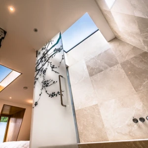 A modern bathroom featuring elegant stone walls, skylights, and decorative black floral patterns on a glass panel. Natural light illuminates the space, creating a bright and airy atmosphere.