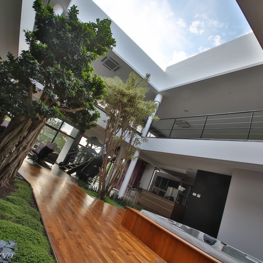 Interior de una casa moderna con un diseño abierto. Hay un jardín con árboles y plantas. El suelo es de madera y se observa un espacio amplio con escaleras y paredes blancas. La luz natural entra a través de ventanas grandes.