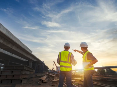 Two construction workers in safety vests and helmets observe a construction site at sunset, discussing plans while pointing towards the horizon.
