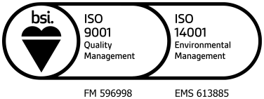 Das Logo zeigt die BSI-Qualitätsmanagement-Zertifizierungen ISO 9001 und ISO 14001. Es enthält Symbole und Nummern zur Identifikation.